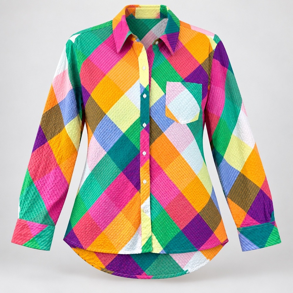 Crown & Ivy Button Down Shirt Size L Multicolor Plaid Seersucker Preppy Top